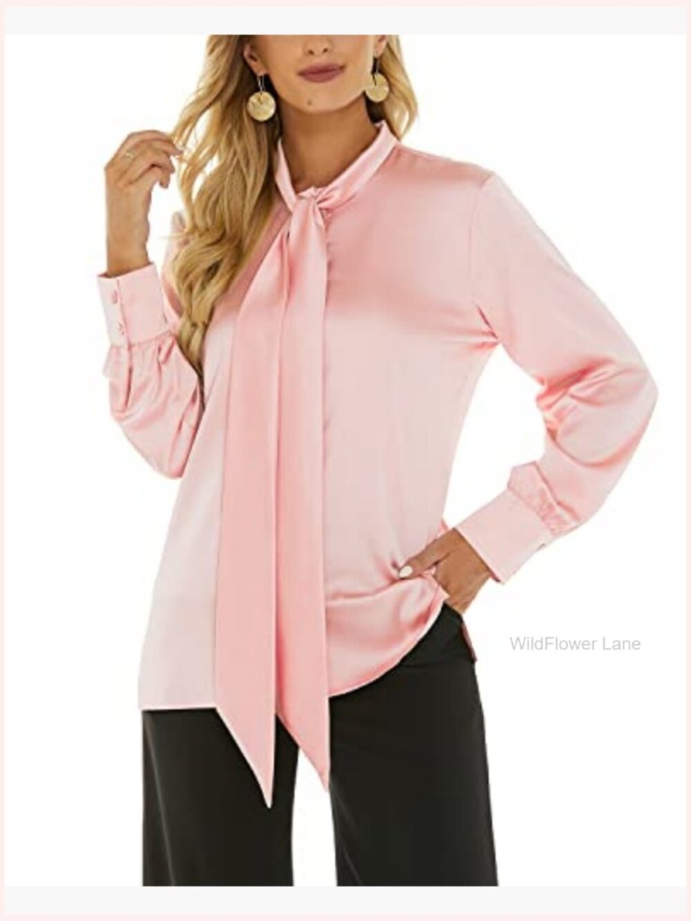BOW TIE NECK SATIN BLOUSE LONG SLEEVE BUTTON DOWN SHIRT FOR WORK OFFICE - Picture 5 of 7
